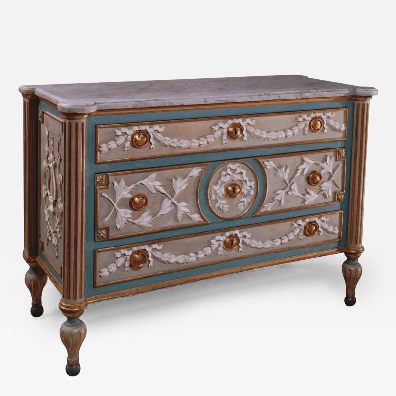 Francesco Bolgie A Painted and Parcel Gilded Wood Chest of Drawers with a White Marble Top