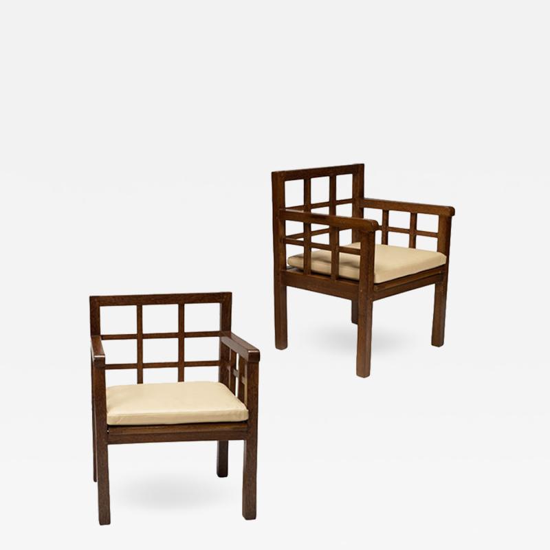 Francis Jourdain Rare Pair Gridded Armchairs in Palm Wood by Francis Jourdain