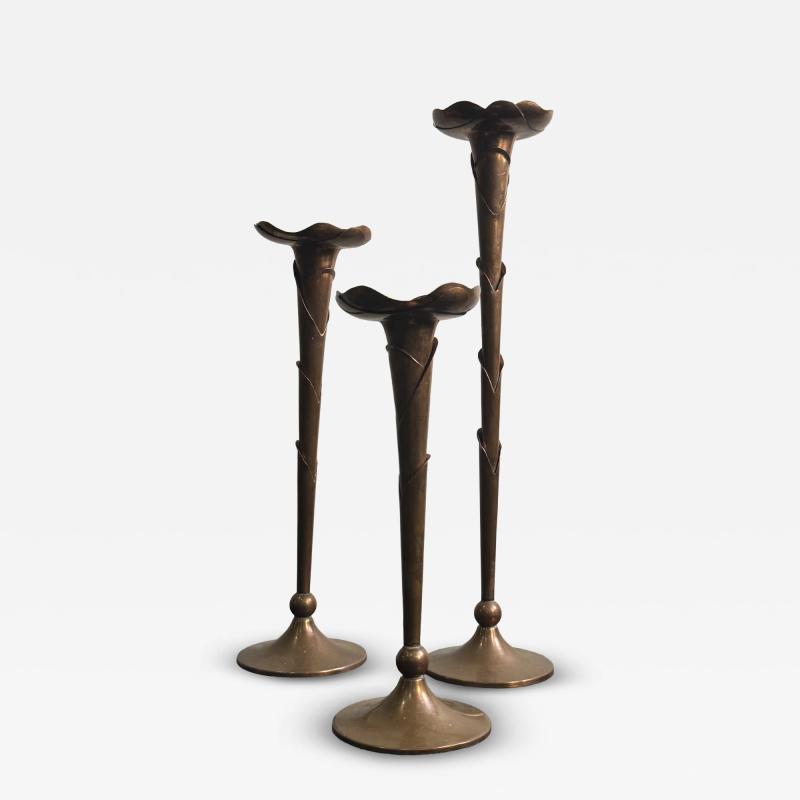 Francisco Rebajes TRIO OF HAND SCULPTED COPPER CANDLESTICKS ATTRIBUTED TO FRANCISCO REBAJES