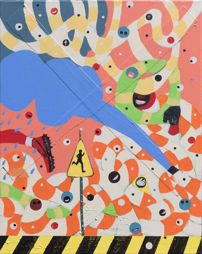 Francks Deceus Mumbo Jumbo BK 11 Ironic Figurative Painting with Pink and Blue Colors