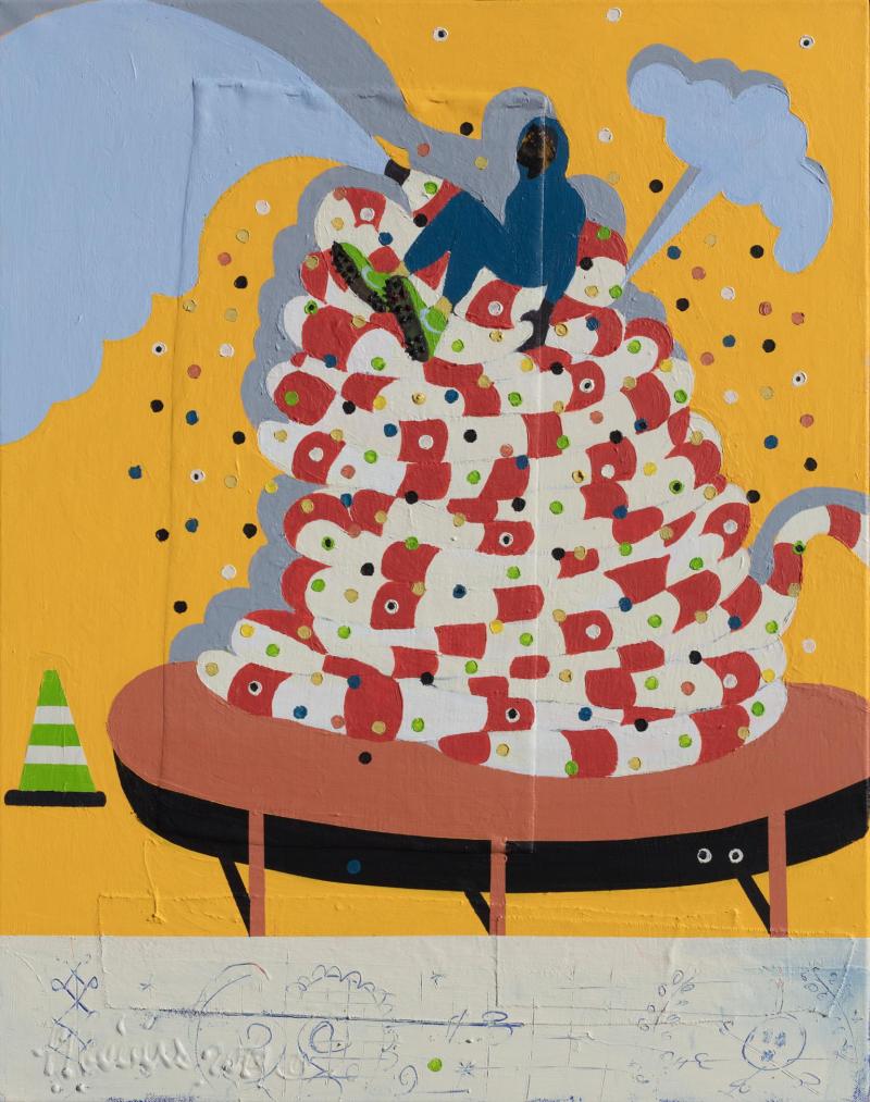 Francks Deceus Mumbo Jumbo NYC 10 Ironic Figurative Painting with Orange and Blue Colors