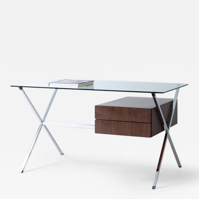 Franco Albini Center desk with dark wood drawers polished steel square tube leg