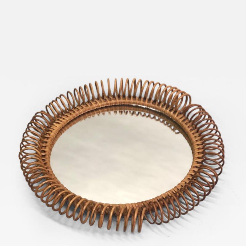 Franco Albini Italian Mid Century Modern Round Mirror in Rattan Attributed to Franco Albini