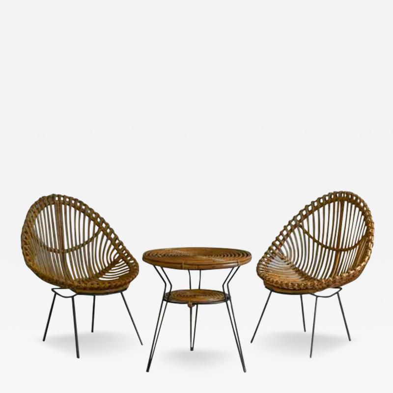 Franco Albini Living Room Set In Curved Bamboo Cane And Metal Attributable To Franco Albini