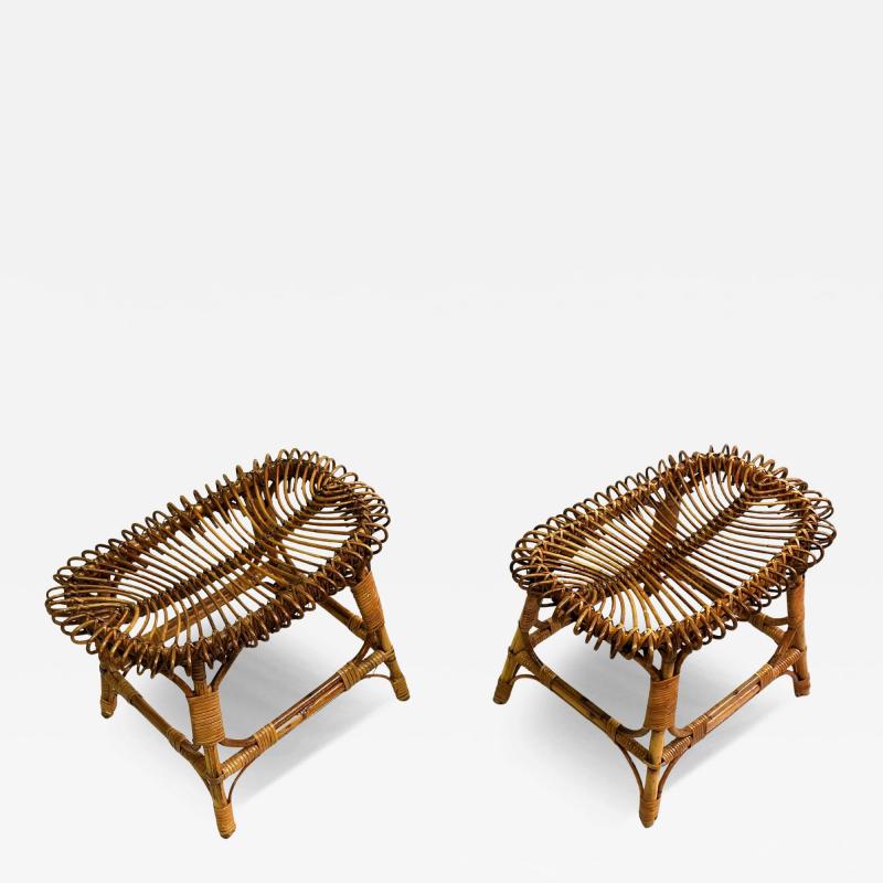 Franco Albini Pair of Italian Mid Century Modern Rattan Stools Benches attr Franco Albini