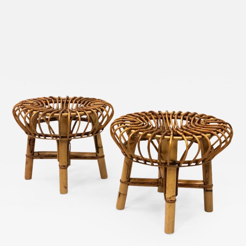 Franco Albini Pair of Italian Mid Century Modern Rattan and Bamboo Stools by Franco Albini