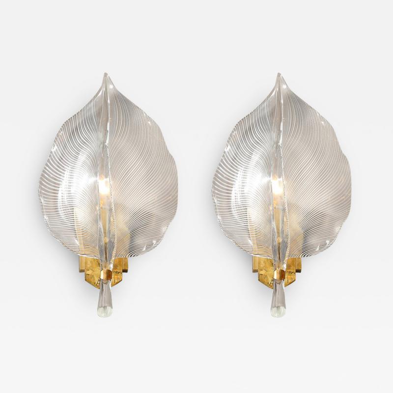 Franco Luce Pair of Mid Century Hand Blown Murano Glass Striated Leaf Sconces by Franco Luce