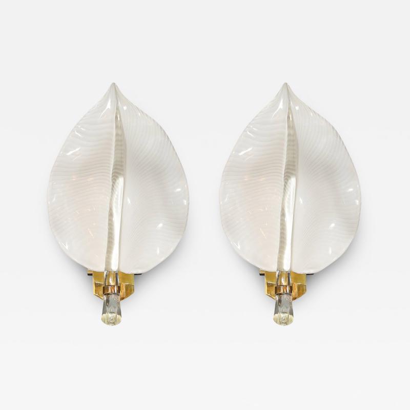 Franco Luce Pair of Mid Century Hand Blown Murano Glass Striated Leaf Sconces by Franco Luce