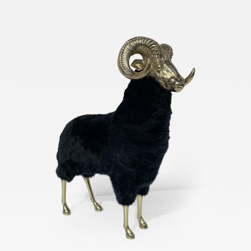 Francois Xavier Lalanne Polished Brass Ram or Sheep Sculpture in Black Fur