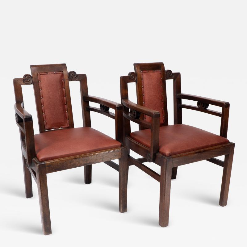 Frank Brangwyn Sir Frank Brangwyn attr Pair of Arts Crafts mahogany armchairs Chinese style