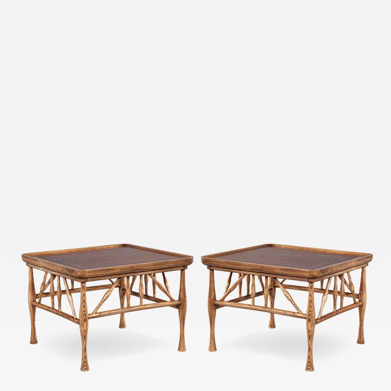 Frank Lloyd Wright Pair of Solid Wood Walnut and Oak End Table in Frank Lloyd Wright Style