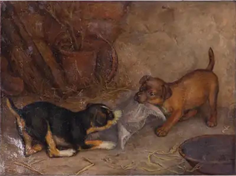 Frank Paton Frank Paton Oil painting on canvas of Puppies playing No import duty we pay fo