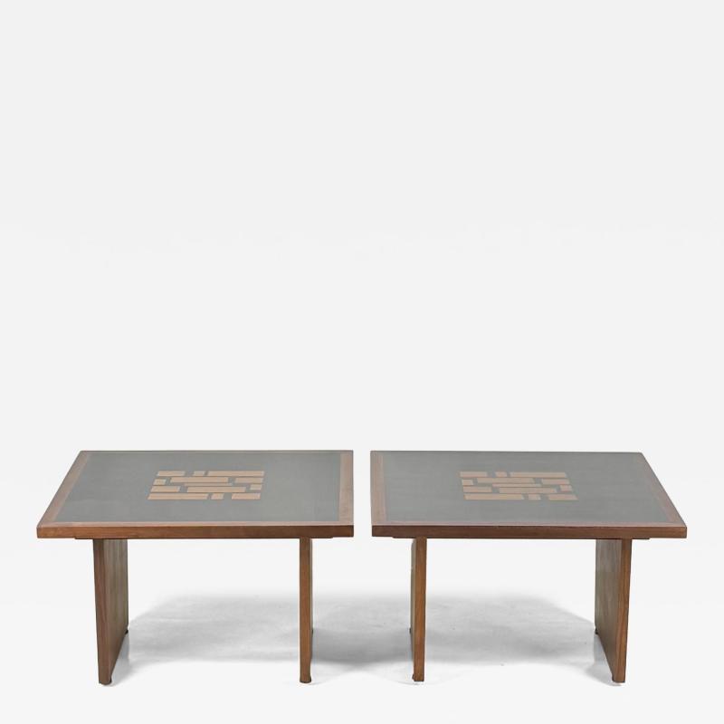 Frank Rohloff Pair of Black Resin and Walnut Inlay End Tables by Frank Rohloff