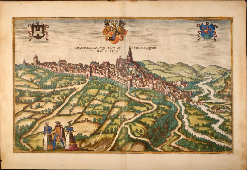 Frankfort Germany A 16th Century Hand colored Map by Braun Hogenberg