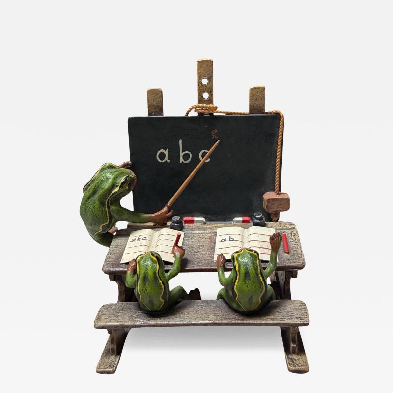 Franz Bergmann Vienna Cold Painted Bronze Frogs Teaching Sculpture by Franz Bergmann
