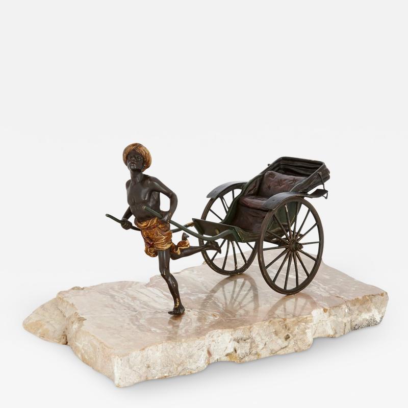 Franz Xaver Bergmann Antique cold painted bronze of a pulled rickshaw by Bergman