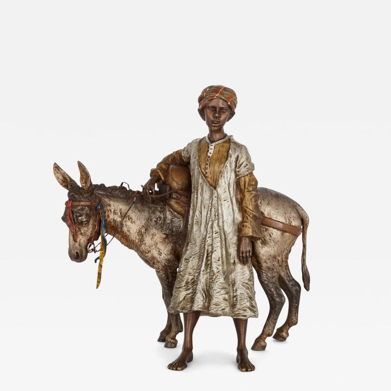 Franz Xaver Bergmann Orientalist cold painted bronze sculpture of a boy and a donkey by Bergman