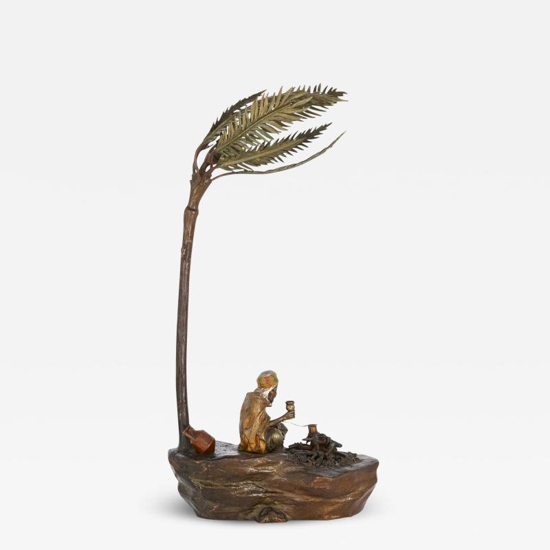 Franz Xaver Bergmann Viennese cold painted bronze lamp of an Arab by a campfire by Bergman