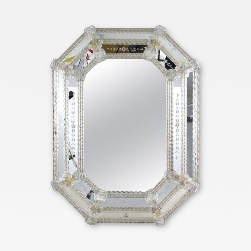 Fratelli Barbini 20th Century Octagonal Murano Glass Mirror With Glass Flowers Italy ca 1970s