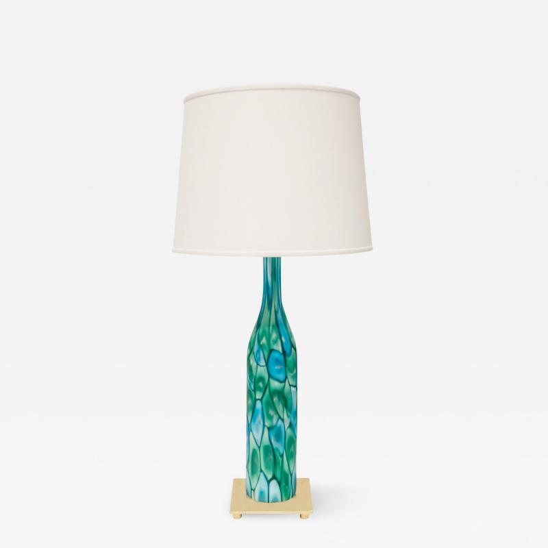 Fratelli Toso Fratelli Toso Art Glass Table Lamp with Green and Blue Murrhines 1959