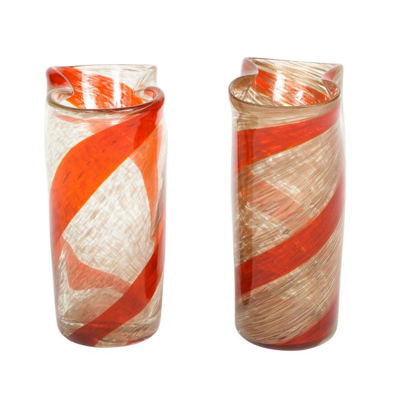 Fratelli Toso Fratelli Toso Pair Of Pinched Top Glass Vases With Red Spiral 1950s