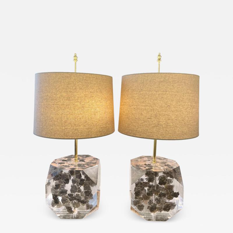 Freda Koblick Lucite Layered Hexagonal Block Lamps Pair by Freda Koblick