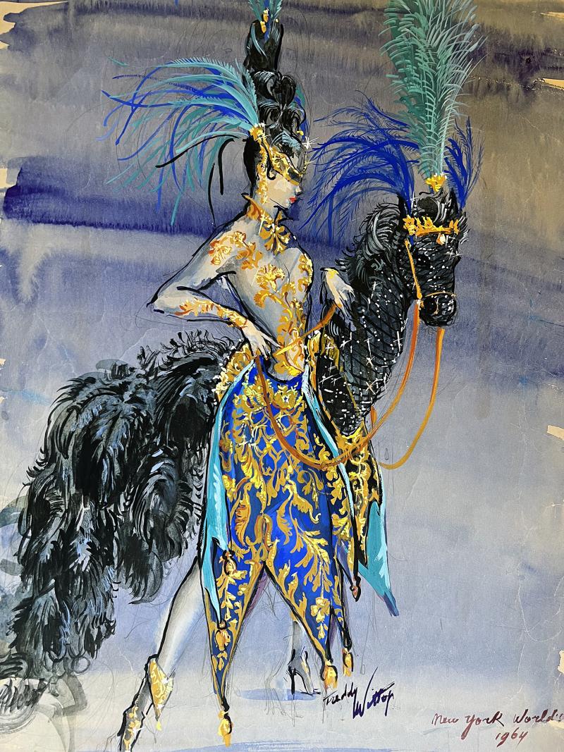 Freddy Wittop Show Girl with Fantasy Horse Fashion Illustration in Blue and Black