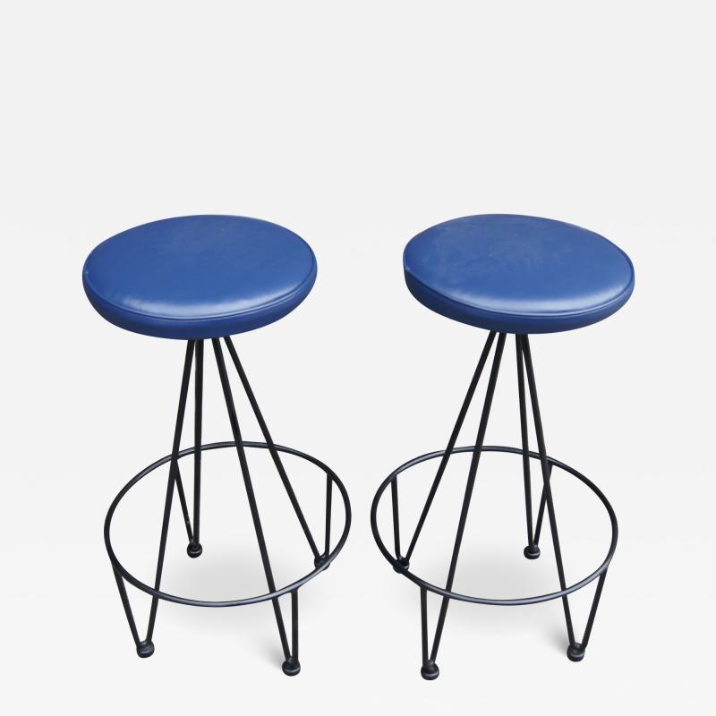 Frederic Weinberg Pair of Iron and Leather Bar Stools by Frederic Weinberg