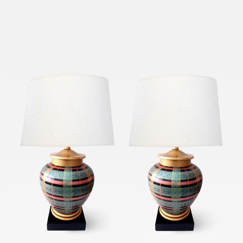 Frederick Cooper Lamp Co Pair of Frederick Cooper Ovoid form Lamps with Plaid Decoration