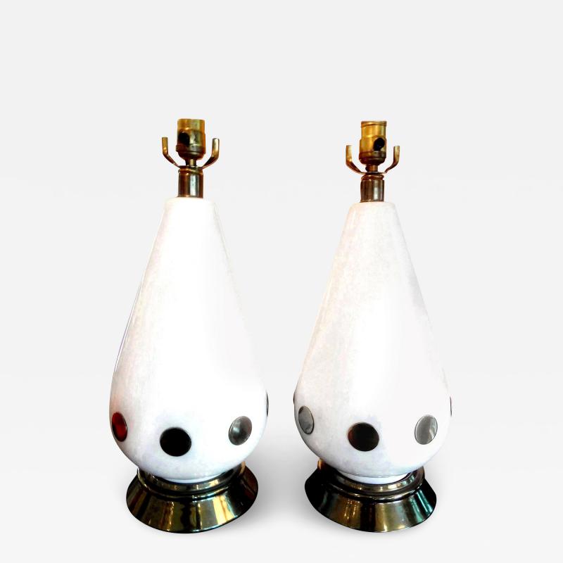 Frederick Cooper Lamp Co Pair of Italian Mid Century Modern White Porcelain and Brass Lamps