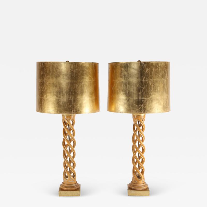 Frederick Cooper Lamp Co Pair of Monumental Table Lamps in Bleached Mahogany with Gilt Shades 1950s