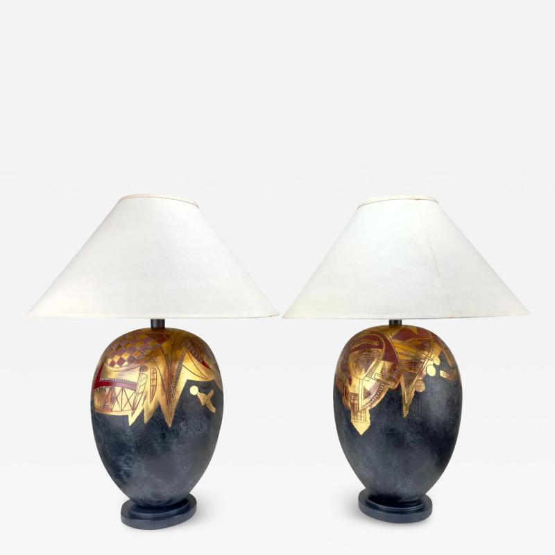 Frederick Cooper Mid Century Modern Ginger Jar Gold Black Table Lamp a Pair