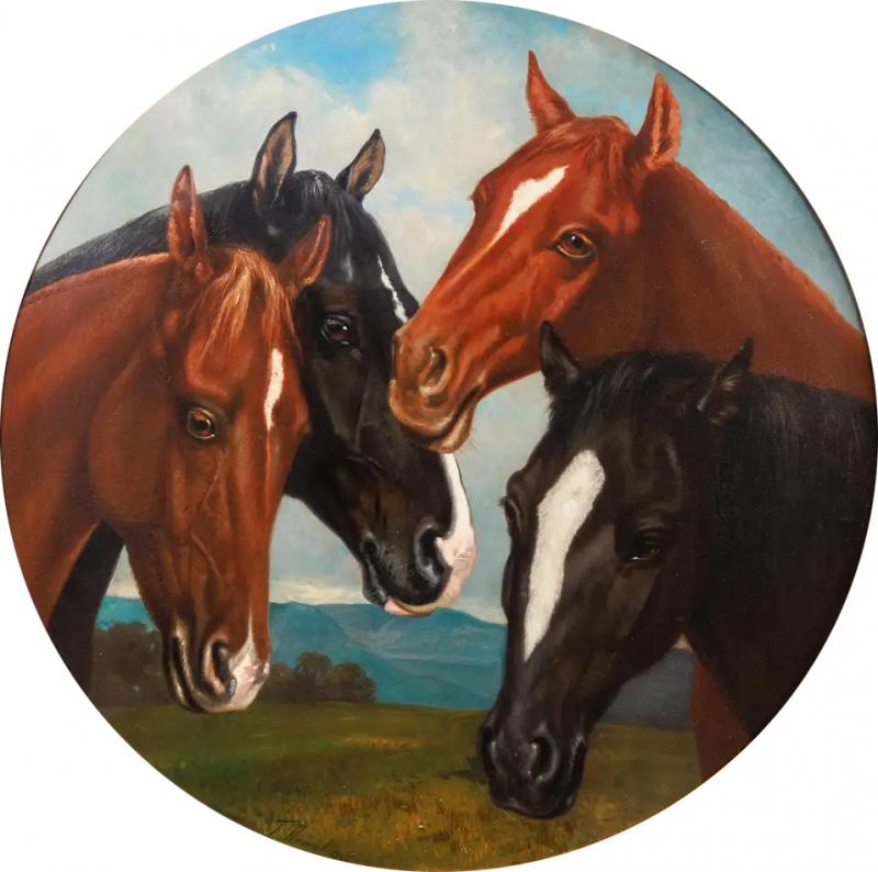 Frederick Rondel American 1826 1892 A Large Rare Painting of Four Horses 