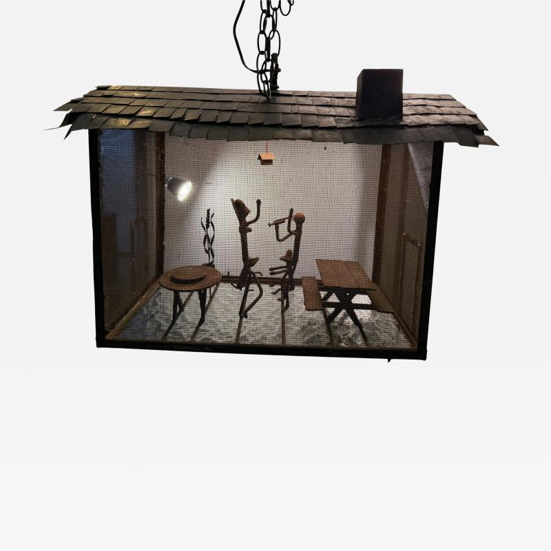 Frederick Weinberg MID CENTURY CABIN METAL DIORAMA OF A MAN WOMAN CHILD CAT ILLUMINATED LANTERN