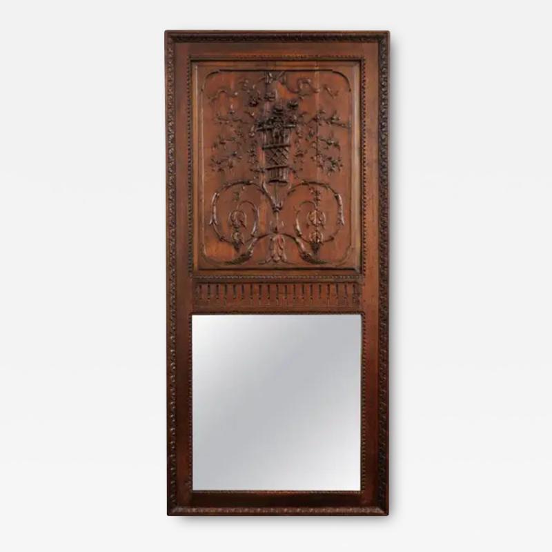 French 1750s Oak Trumeau Mirror with Large Carved Rinceaux and Floral Bouquet