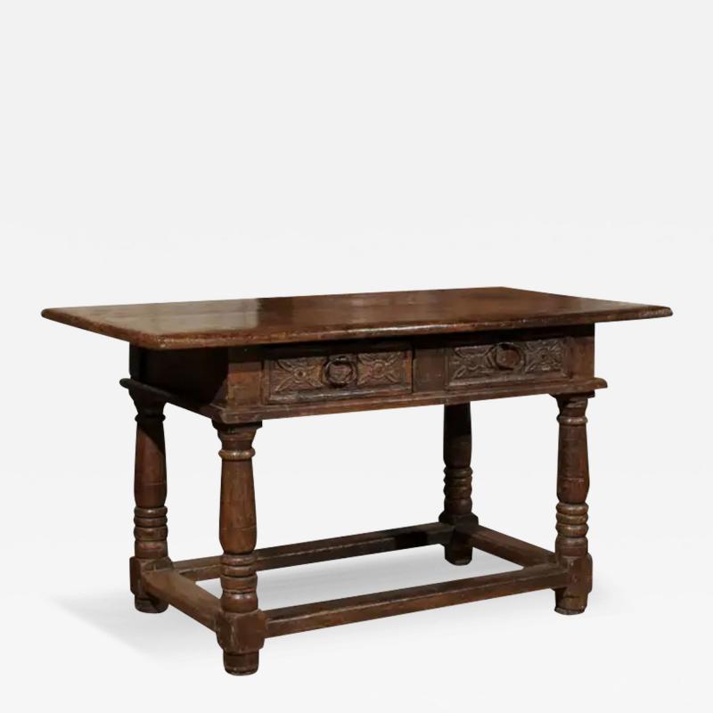 French 1750s Walnut Library Table with Carved Drawers and Original Hardware