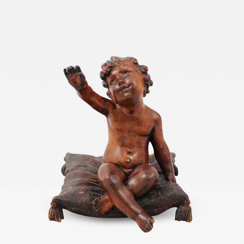 French 1780s Baroque Style Walnut Sculpture of a Putto Sitting on a Pillow