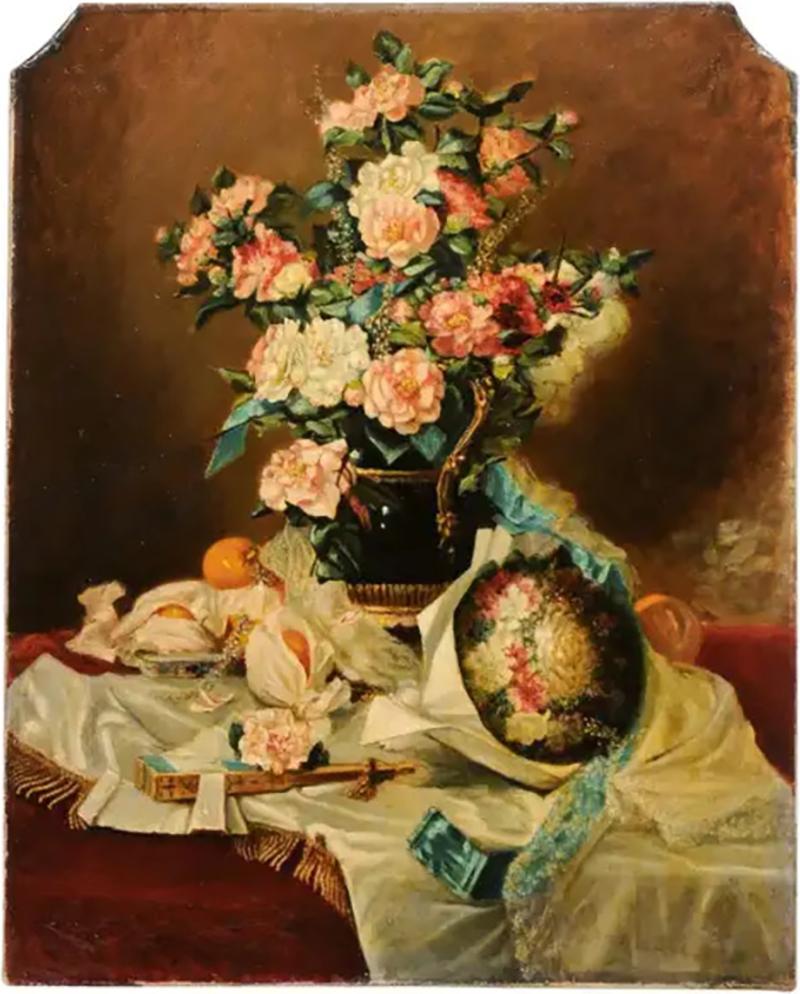 French 1790s Oil on Canvas Painting with Floral Bouquet Fruits and Embroidery