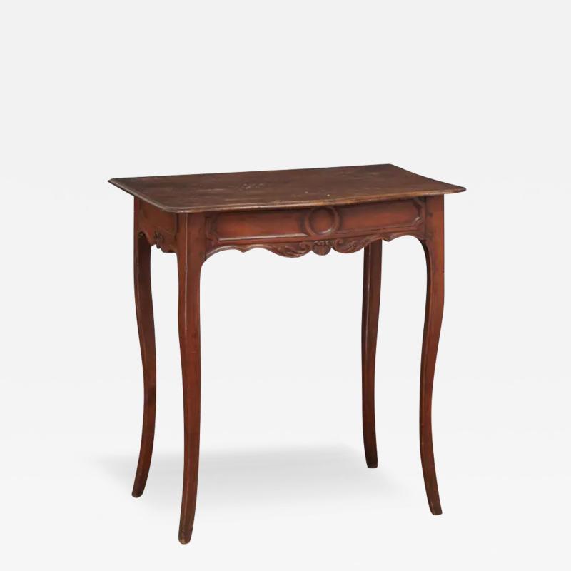 French 1790s Walnut Side Table with Side Drawer Curving Legs and Carved Apron