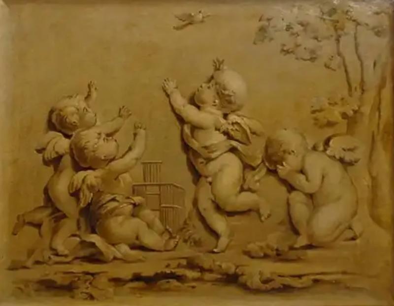 French 1820s Horizontal Grisaille Painting Depicting Cherubs Chasing a Bird