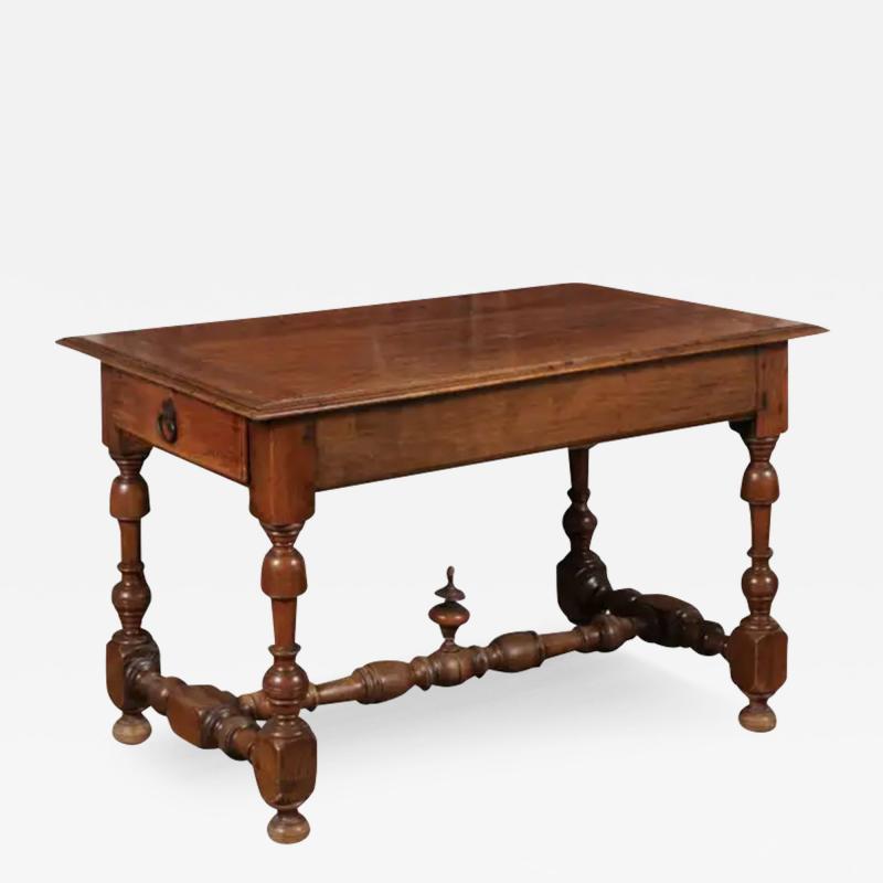 French 1850s Louis XIII Style Cherry Table with Lateral Drawer and Turned Legs