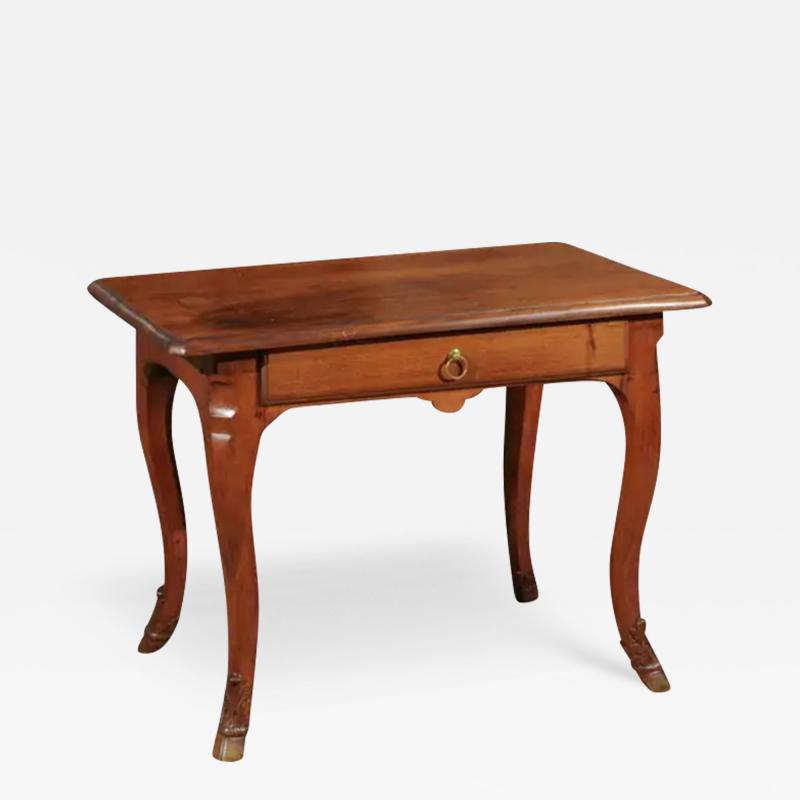 French 1860s Louis XV Style Walnut Side Table with Hoofed Feet and Single Drawer