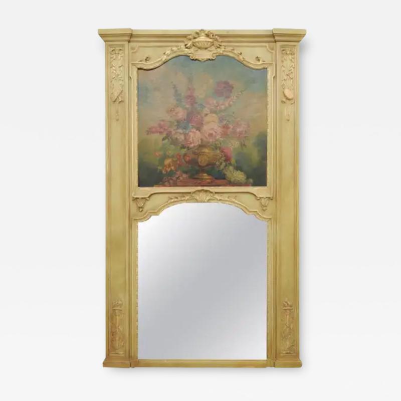 French 1870s Napol on III Period Painted Trumeau Mirror with Floral Oil Painting
