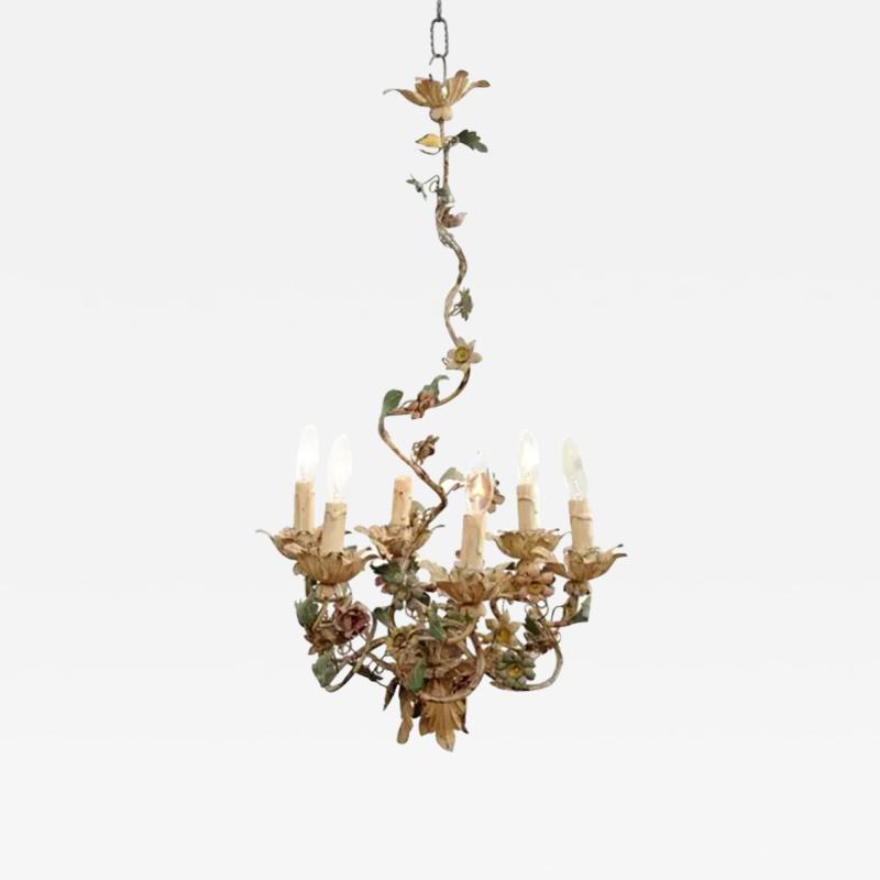 French 1880s Belle poque Painted T le Six Light Chandelier with Petite Flowers
