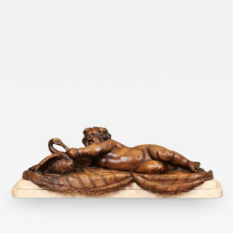 French 1880s Carved Walnut Putto Feeding a Swan Sculpted Group on Marble Base