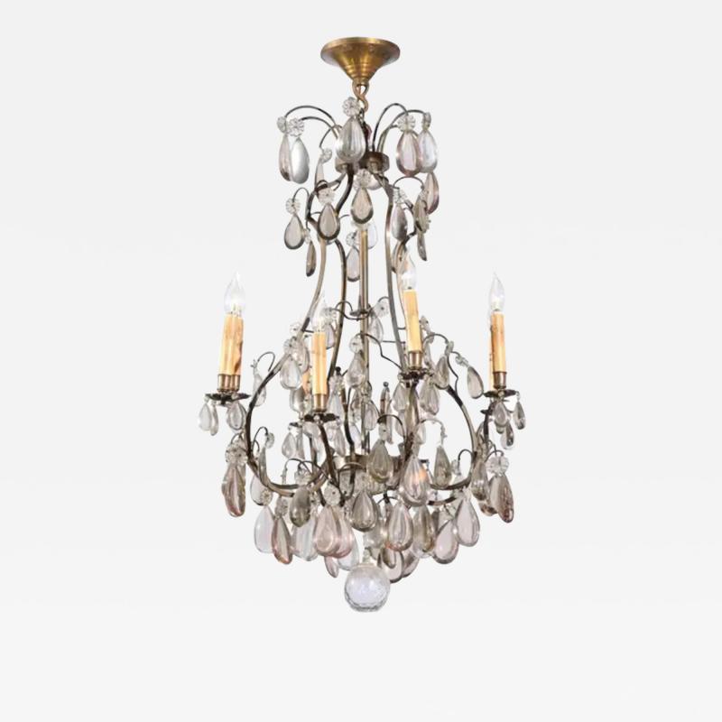 French 1890s Eight Light Steel Chandelier with Clear and Smoky Crystals