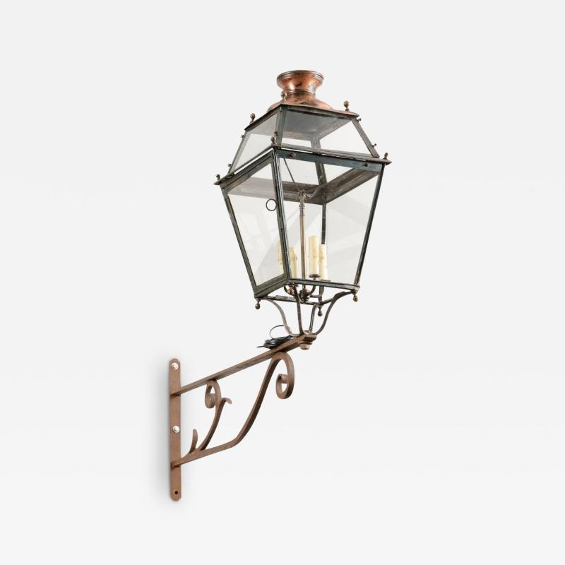 French 1890s Iron and Copper Wall Lantern with Four Lights and Scrolling Bracket