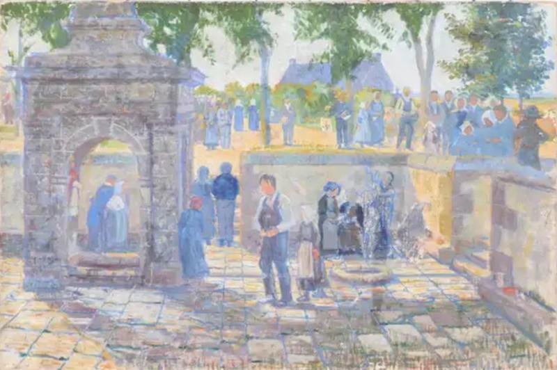 French 1890s Oil Proven al Painting of a Social Gathering in Shades of Blue