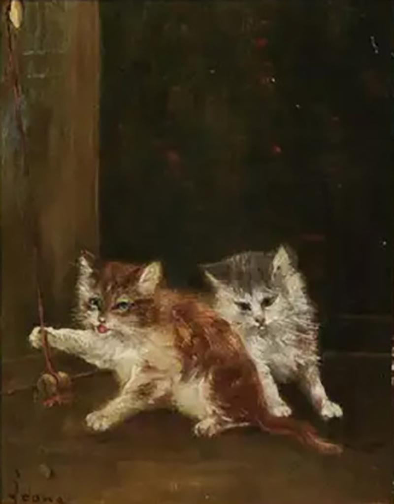 French 1890s Oil on Canvas Painting Featuring Playing Kittens in Giltwood Frame