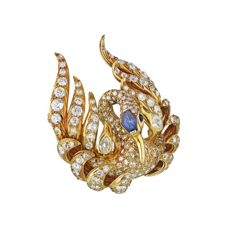 French 18K Yellow Gold Swan Diamond 16 00cttw Brooch